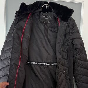 Nautica Women’s Black Quilted Puffer Coat with Faux Fur Collar